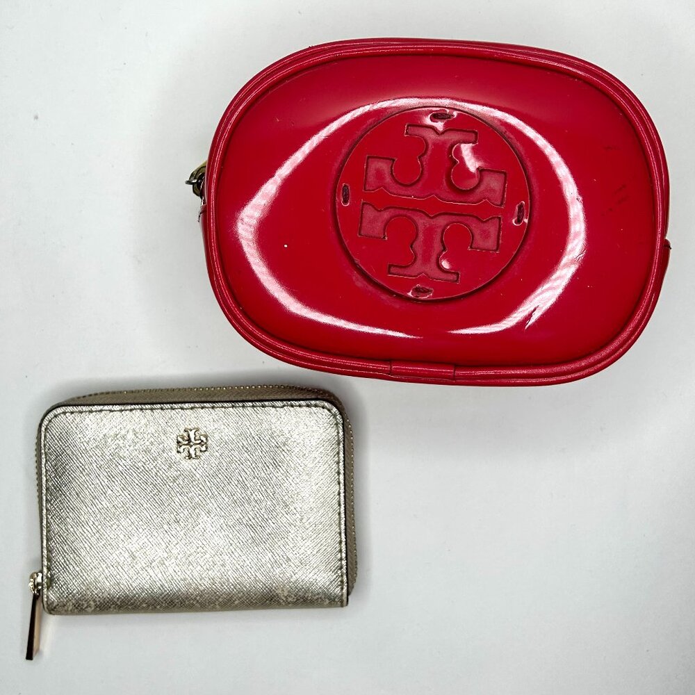 Tory Burch Coin Purse in Gold and Small Makeup Bag in Pink